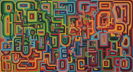 Fototapeta premium Vibrant abstract maze of rounded geometric shapes and lines in a psychedelic color palette