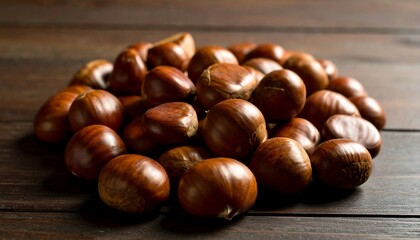 Obraz premium A pile of fresh, raw chestnuts on a dark wooden table, ready for cooking or baking.