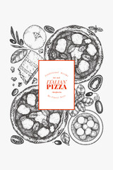 Hand Drawn Vector Pizza Illustration. Not AI Generated. Retro Margarita Pizza Design Template. Old School Italian Food Background
