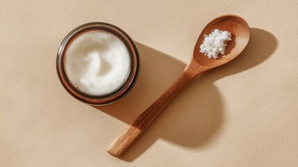 Natural Skin Care Cream in a Jar Next to a Wooden Spoon With Salt on a Beige Background