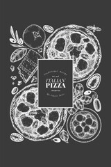 Hand Drawn Vector Pizza Illustration. Not AI Generated. Retro Margarita Pizza Chalk Board Design Template. Old School Italian Food Background