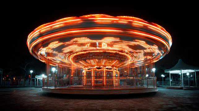 Spinning Carousel with Bright Orange Lights at Night