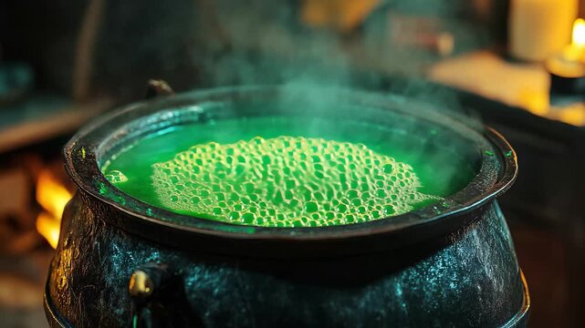 A vibrant green potion bubbles energetically in an ancient cauldron as twilight descends, casting a mesmerizing glow amidst the shadows and flickering candlelight, evoking a sense of enchantment.