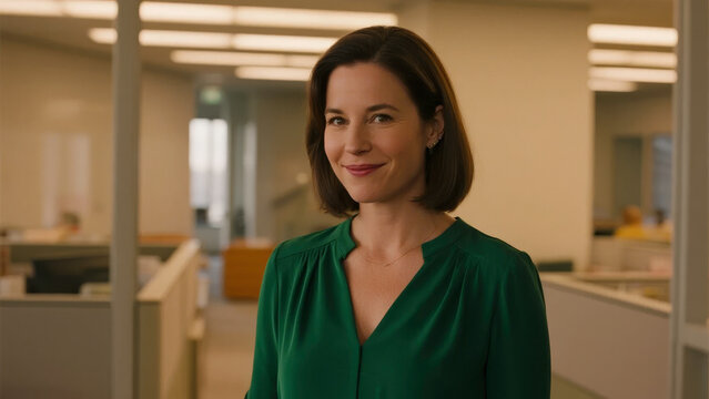A woman in a green blouse stands confidently in an office environment, smiling subtly.