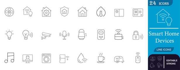 Smart home devices line icon set featuring appliances, lights, sensors, and security tools—perfect for home automation, IoT apps, and smart tech interfaces.