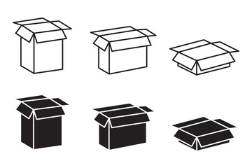 Cardboard Boxes Line and Silhouette Icon Set. Open and Closed Parcel Collection Icon. Delivery icon. Carton Boxes. Editable Stroke. Isolated Vector Illustration.