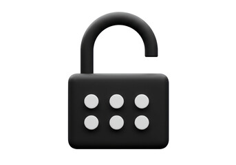Isolated 3D open black padlock icon representing access and unlocked status