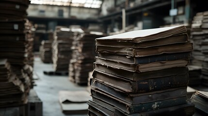 Obraz premium A close-up of a stack of aged books dominates the view, with rows of more books receding into a dim, industrial-looking space