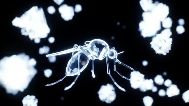 Conceptual image of a mosquito transmitting a virus while biting a person's hand in a summer garden setting.
