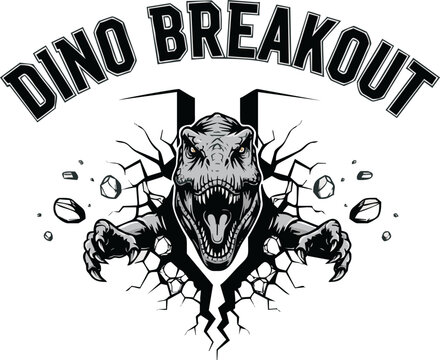 A fierce Tyrannosaurus Rex roars while breaking through a cracked wall in this monochrome illustration.