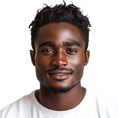 Obraz premium Front view close up of an extremely beautiful young man from Burkina Faso in a white t-shirt smiling isolated on a white transparent background