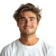 Obraz premium Front view close up of an extremely beautiful young man from Canada in a white t-shirt smiling isolated on a white transparent background