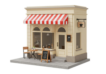 Isolated Quaint Coffee Shop Facade with Outdoor Seating and Awning