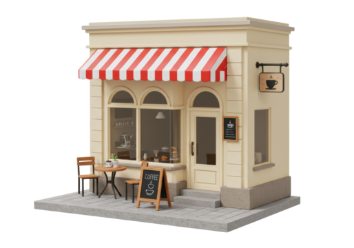 Isolated Quaint Coffee Shop Facade with Outdoor Seating and Awning