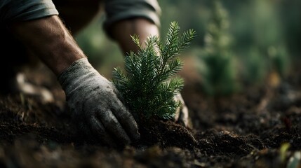 Hands planting a young sapling in fertile soil for reforestation efforts