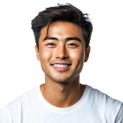 Obraz premium Front view close up of an extremely beautiful young man from China in a white t-shirt smiling isolated on a white transparent background