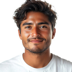 Fototapeta premium Front view close up of an extremely beautiful young man from Colombia in a white t-shirt smiling isolated on a white transparent background