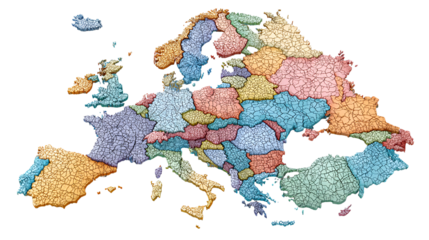Colorful political map of europe with country borders isolated on transparent background