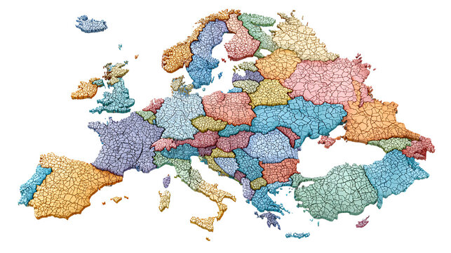 Colorful political map of europe with country borders isolated on transparent background
