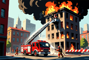 Dramatic Fire Scene: City Building Blaze, Firetruck, Firefighters, Vintage Style Illustration