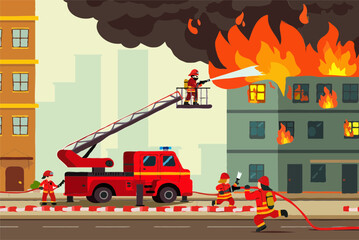 Brave Firefighters Battling Fierce Urban Building Fire; Dramatic Cartoon Illustration