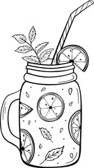 Jar of lemonade in doodle style. outline. Vector lemonade. Lemonade with citrus, ice, mint, straw. Lemonade sketch. Hand drawn illustration isolated on white background.