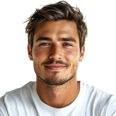 Obraz premium Front view close up of an extremely beautiful young man from Croatia in a white t-shirt smiling isolated on a white transparent background