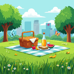 Joyful Summer Picnic Basket in City Park:  Cartoon Style Illustration