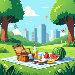 Summer Picnic in City Park: Cartoon Style Illustration of Basket, Food, and City Skyline