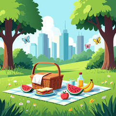 Joyful Summer Picnic in City Park: Cartoon Style Illustration