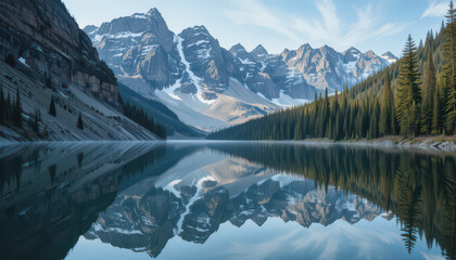 A serene lake reflecting snow capped mountains and a dense forest landscape