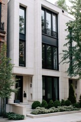 Modern architectural design of a sleek, stylish urban residence situated in a quiet neighborhood surrounded by greenery during daytime
