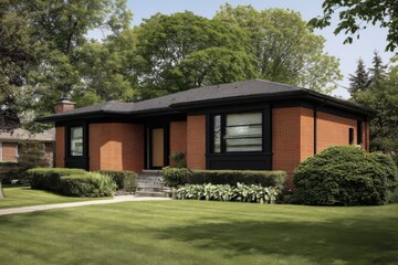 Brick bungalow surrounded by greenery with a well-maintained lawn, showcasing classic architectural design during the daytime