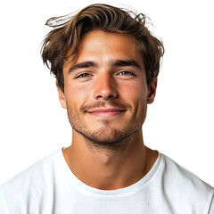 Obraz premium Front view close up of an extremely beautiful young man from Czech Republic in a white t-shirt smiling isolated on a white transparent background