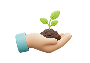 Isolated 3D Hand Gently Holding a Small Plant with Soil
