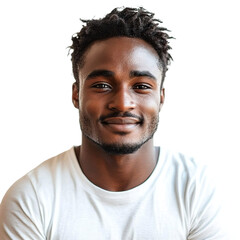 Obraz premium Front view close up of an extremely beautiful young man from Equatorial Guinea in a white t-shirt smiling isolated on a white transparent background
