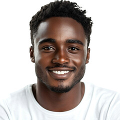 Obraz premium Front view close up of an extremely beautiful young man from Equatorial Guinea in a white t-shirt smiling isolated on a white transparent background