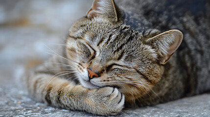 A cat is sleeping on the ground with its paws on its face