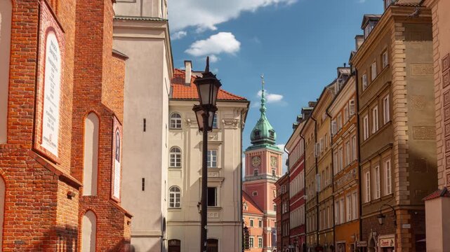 sunny day warsaw city center famous old town street view panorama timelapse 4k poland