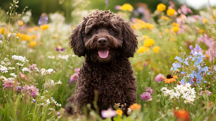 A brown dog is sitting in a field of flowers