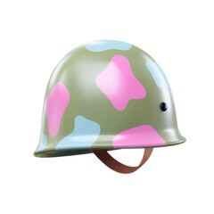 Fototapeta premium Colorful camouflage helmet with pink and blue patterns, isolated on a white background.