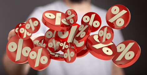 3D render of red percentage symbols floating in a hand, ideal for discount, sale, finance concepts.