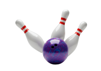 Isolated 3D Render of a Purple Bowling Ball Striking White Bowling Pins