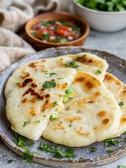 A golden arepa, freshly made, is sliced open to reveal melting cheese and creamy avocado. A side of vibrant salsa complements this traditional Colombian delight, presented on a rustic plate