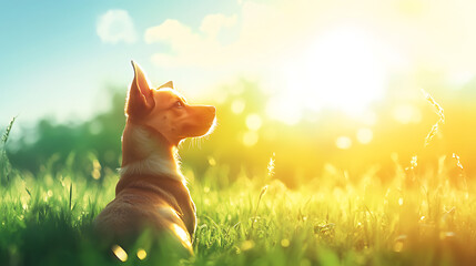 A dog is laying in the grass on a sunny day