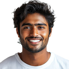 Obraz premium Front view close up of an extremely beautiful young man from India in a white t-shirt smiling isolated on a white transparent background.