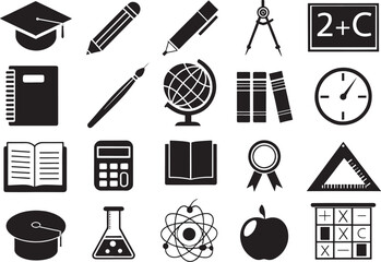 Obraz premium Silhouette Education & School Icons on White Background Premium Vector Set