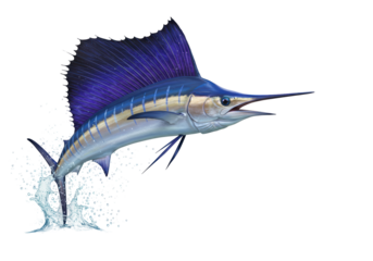 Isolated Dynamic Illustration of a Blue Sailfish Leaping Out of the Water