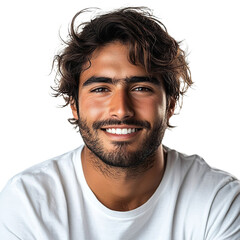Fototapeta premium Front view close up of an extremely beautiful young man from Iran in a white t-shirt smiling isolated on a white transparent background.