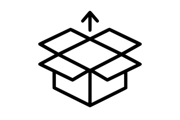Outline Icon of Open Box with Upward Arrow for Upload or Unboxing
